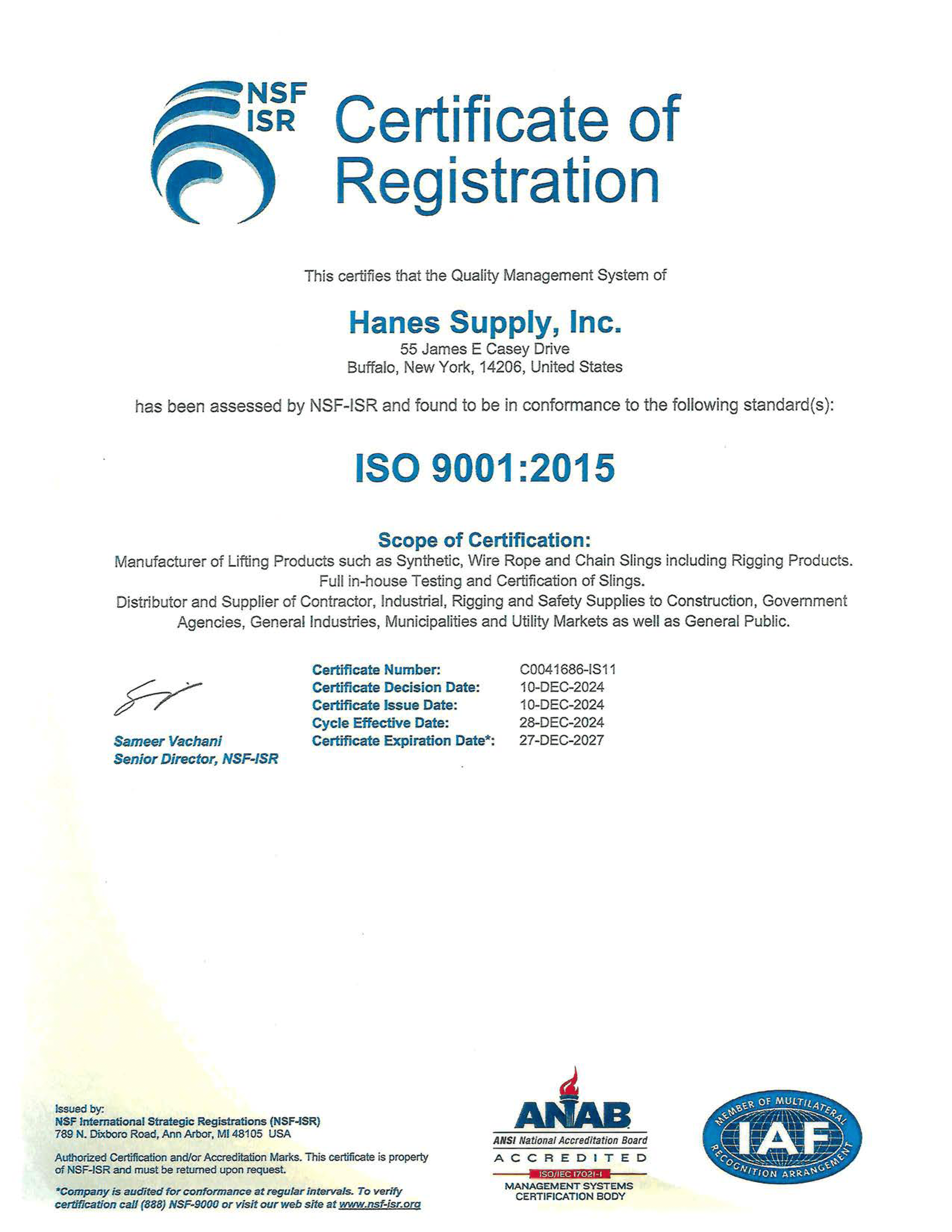 hanes supply, inc ISO 9001:2015 registration certificate